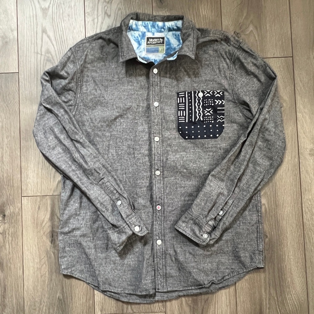 Modern Amusement Mens XL Gray Long Sleeve Button Up Shirt Tribal Pocket Tie Dye